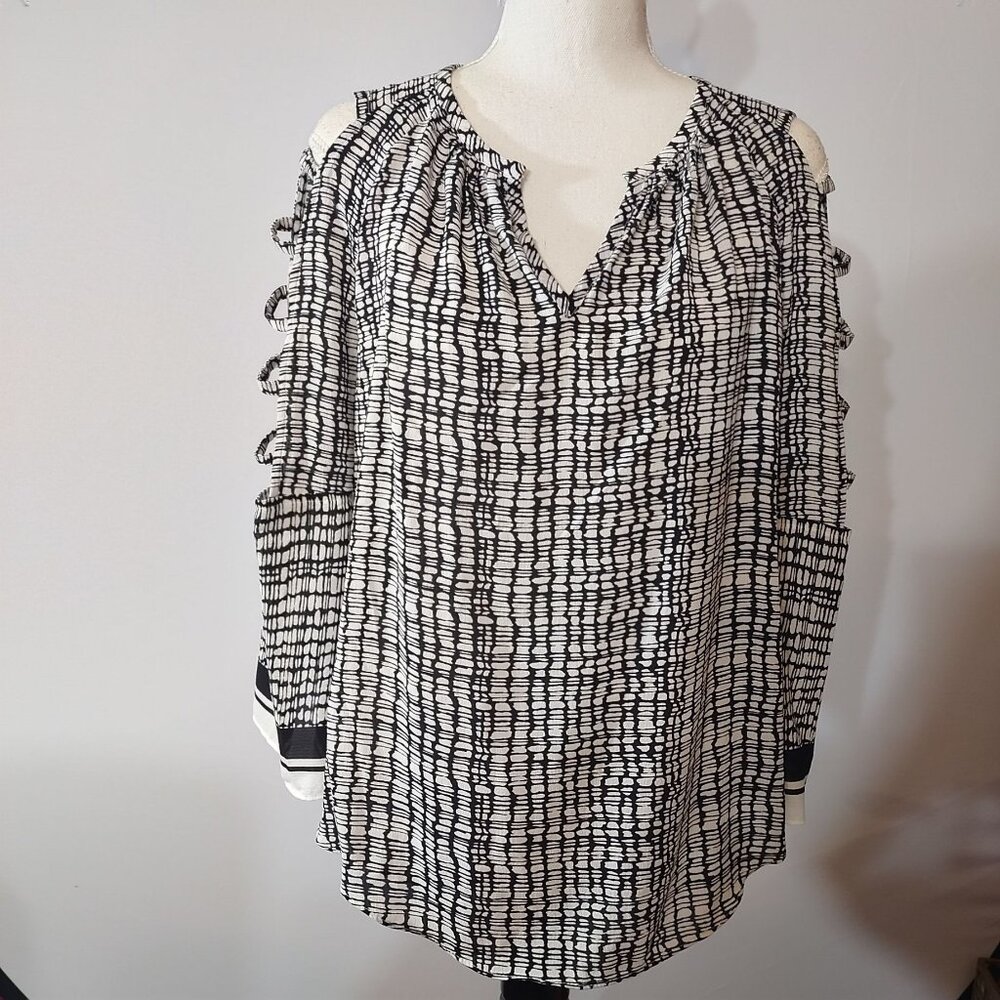 Jennifer Lopez Black & White Cold-Shoulder Blouse S Lightweight Polyester Womens